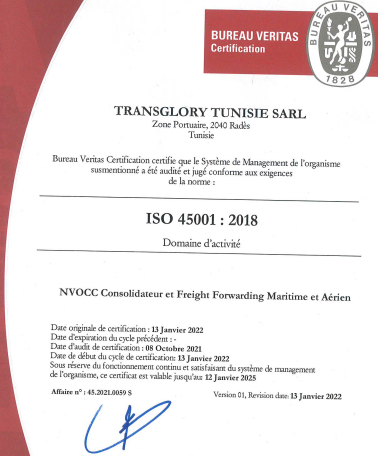 Transglory Certifié ISO 45001:2018