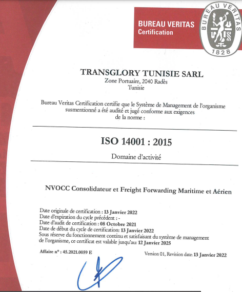 Transglory Certifié ISO 14001:2015